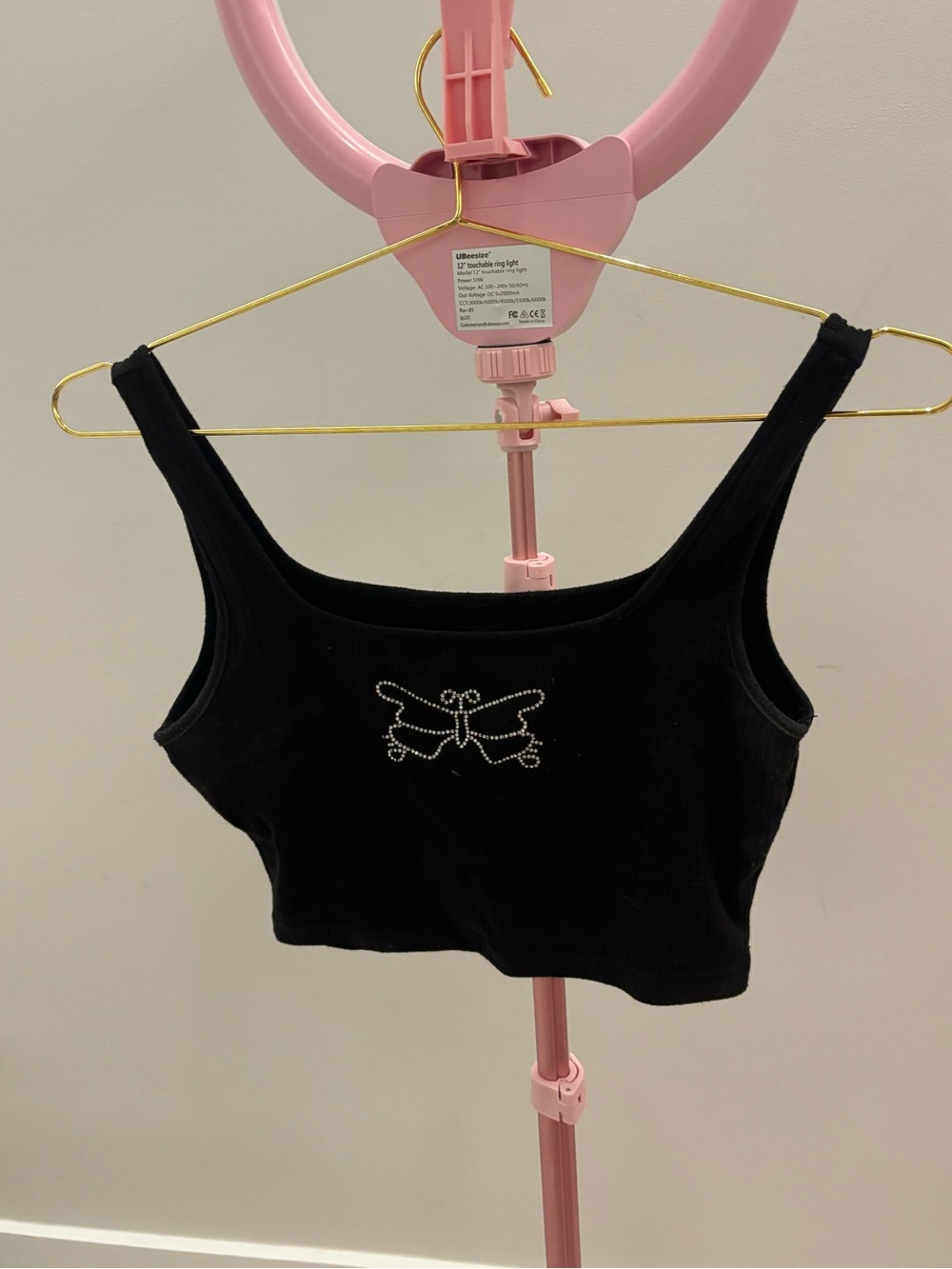 Black Cropped Tank Top with Rhinestone Butterfly
